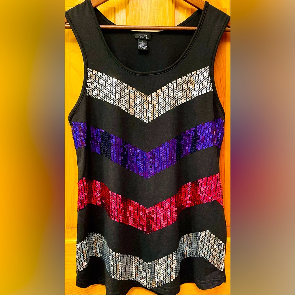 Women’s “Rue 21” Black Tank Top w/ Multicolored Sequined ZigZag Pattern